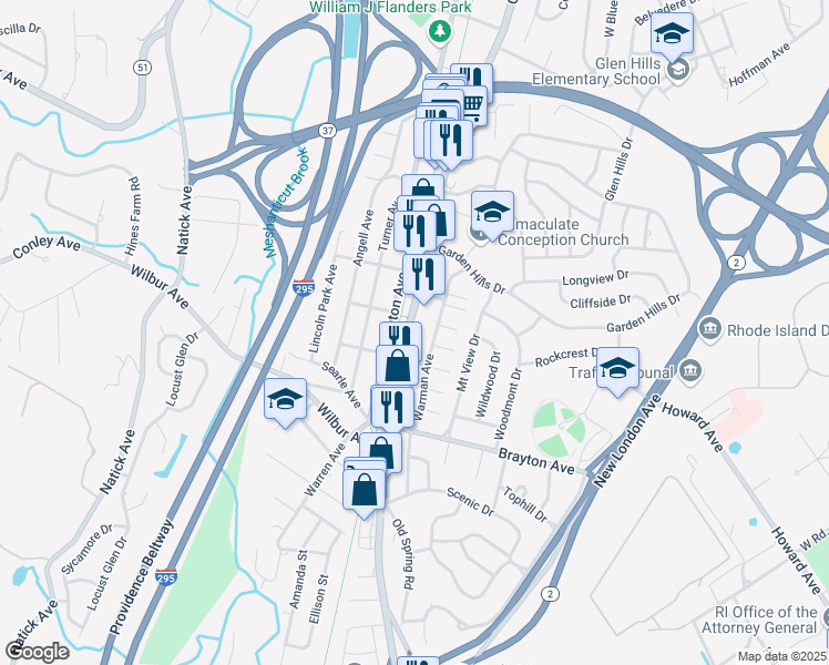 map of restaurants, bars, coffee shops, grocery stores, and more near 828 Oaklawn Avenue in Cranston