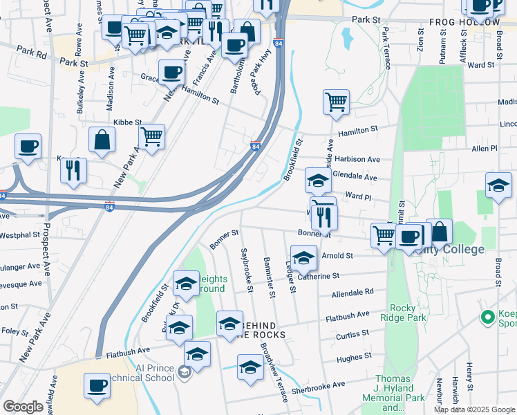 map of restaurants, bars, coffee shops, grocery stores, and more near 177 Wilson Street in Hartford