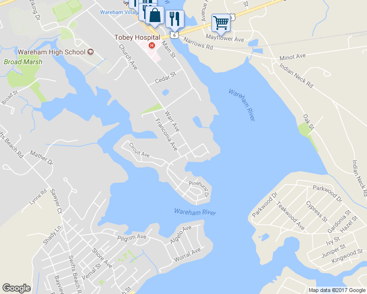 map of restaurants, bars, coffee shops, grocery stores, and more near 12 Norris Street in Wareham