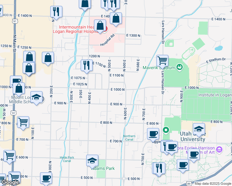 map of restaurants, bars, coffee shops, grocery stores, and more near 560 E 1000 N in Logan