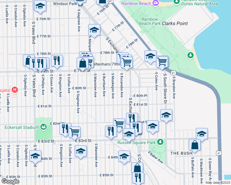 map of restaurants, bars, coffee shops, grocery stores, and more near 8017 South Muskegon Avenue in Chicago