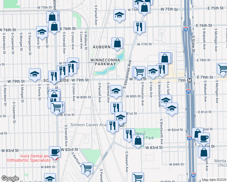 map of restaurants, bars, coffee shops, grocery stores, and more near 437 W 79th Pl in Chicago