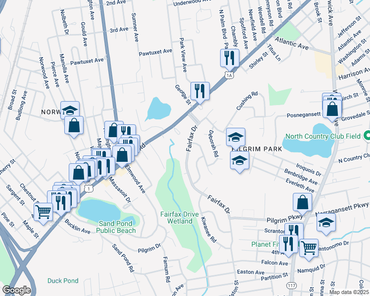 map of restaurants, bars, coffee shops, grocery stores, and more near 91 Fairfax Drive in Warwick
