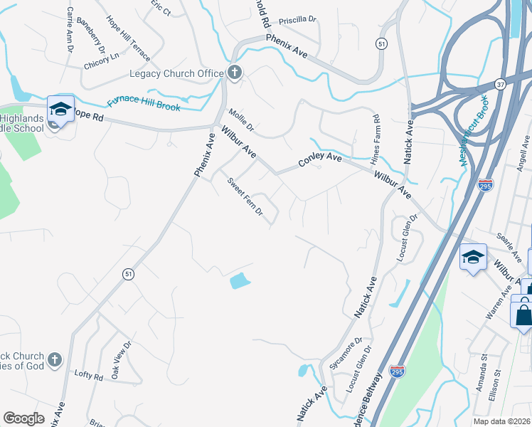 map of restaurants, bars, coffee shops, grocery stores, and more near 15 Sweet Fern Drive in Cranston