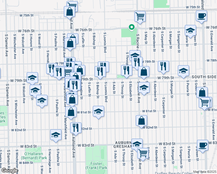 map of restaurants, bars, coffee shops, grocery stores, and more near 7929 South Loomis Boulevard in Chicago