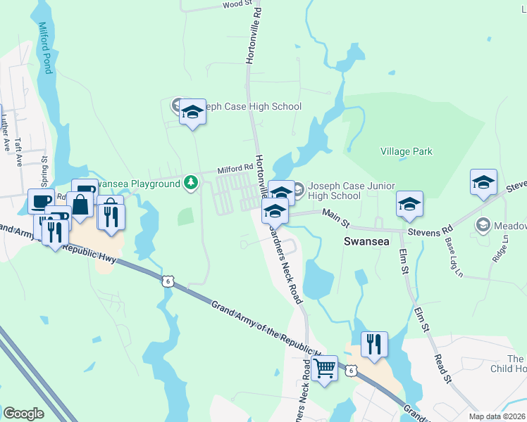 map of restaurants, bars, coffee shops, grocery stores, and more near 14 Hortonville Road in Swansea