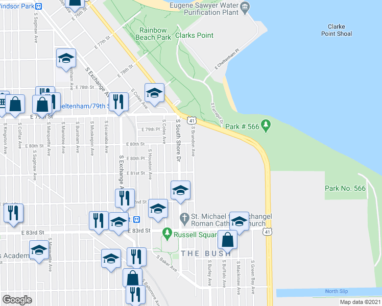map of restaurants, bars, coffee shops, grocery stores, and more near 8018 South Brandon Avenue in Chicago