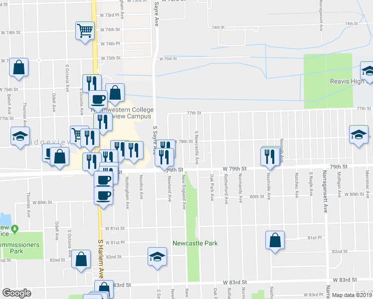 map of restaurants, bars, coffee shops, grocery stores, and more near 7825 New England Avenue in Oak Lawn