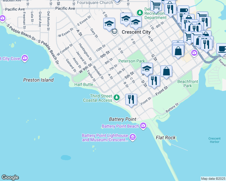 map of restaurants, bars, coffee shops, grocery stores, and more near 467 Wendell Street in Crescent City
