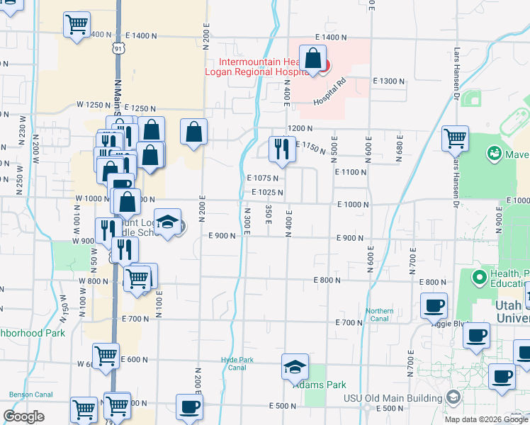 map of restaurants, bars, coffee shops, grocery stores, and more near 975 North 350 East in Logan