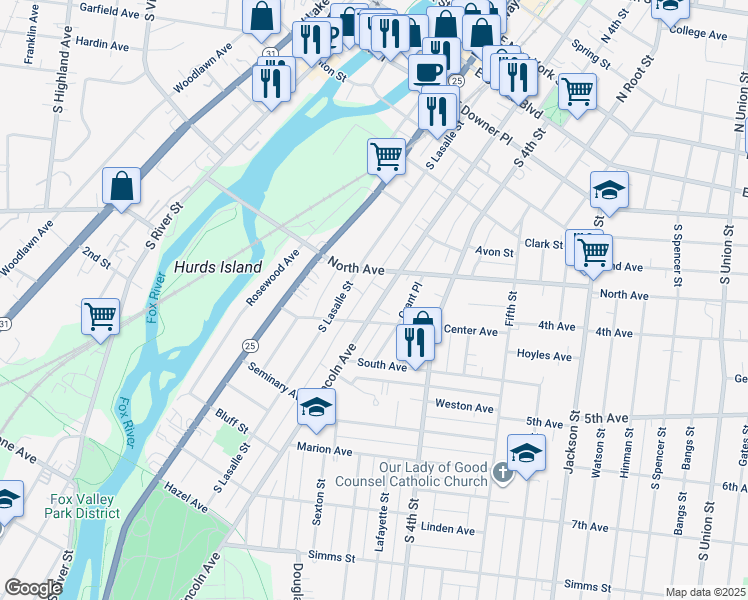 map of restaurants, bars, coffee shops, grocery stores, and more near 335 South Lincoln Avenue in Aurora