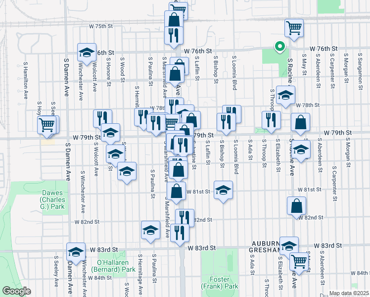 map of restaurants, bars, coffee shops, grocery stores, and more near 7927 South Ashland Avenue in Chicago