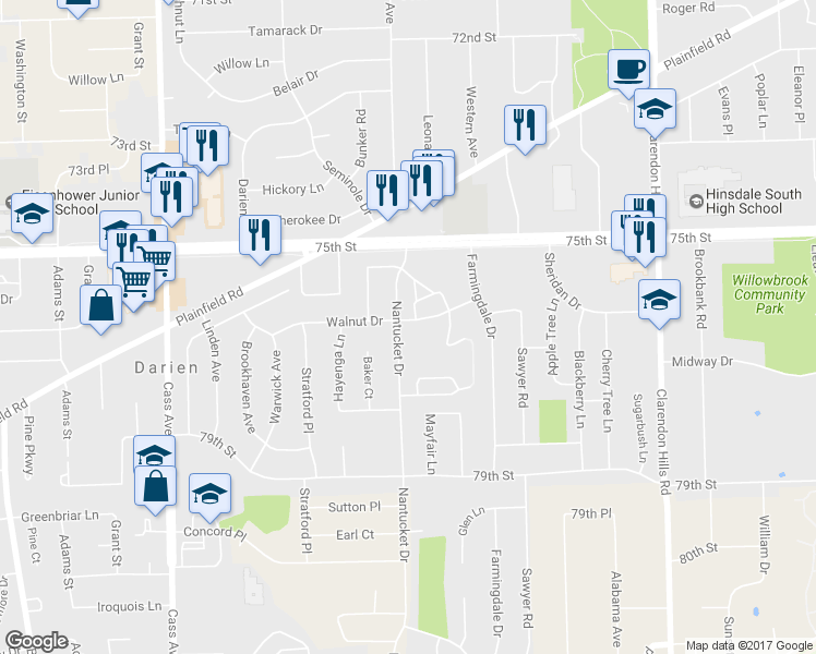 map of restaurants, bars, coffee shops, grocery stores, and more near 7601 Nantucket Drive in Darien