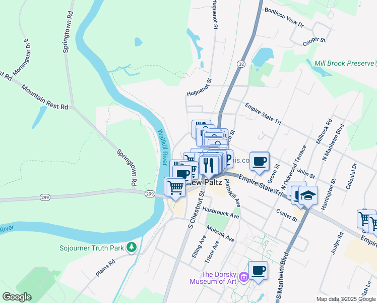 map of restaurants, bars, coffee shops, grocery stores, and more near 28 Huguenot Street in New Paltz