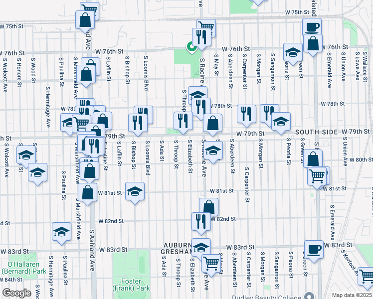 map of restaurants, bars, coffee shops, grocery stores, and more near 7928 South Elizabeth Street in Chicago