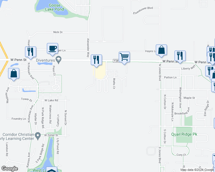 map of restaurants, bars, coffee shops, grocery stores, and more near 407 Cambria Drive in North Liberty