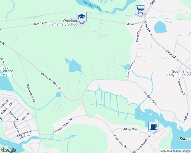 map of restaurants, bars, coffee shops, grocery stores, and more near 73A Great Neck Road in Wareham