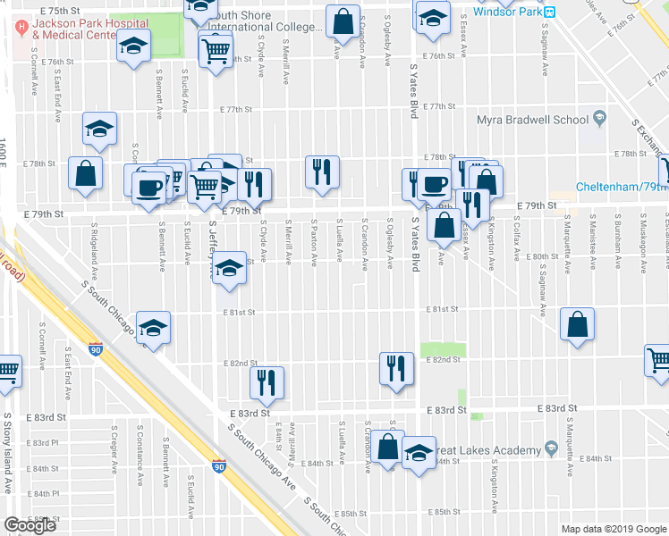 map of restaurants, bars, coffee shops, grocery stores, and more near 8008 South Luella Avenue in Chicago