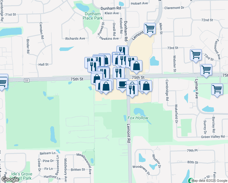 map of restaurants, bars, coffee shops, grocery stores, and more near 1001 75th Street in Woodridge