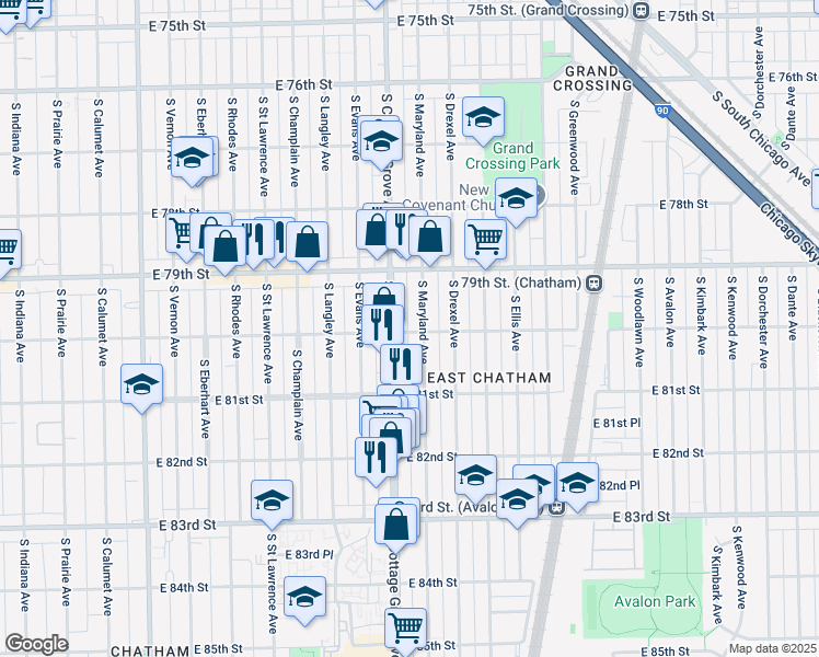 map of restaurants, bars, coffee shops, grocery stores, and more near 815 East 80th Street in Chicago