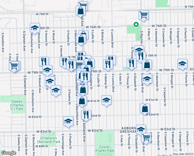 map of restaurants, bars, coffee shops, grocery stores, and more near 7926 South Laflin Street in Chicago