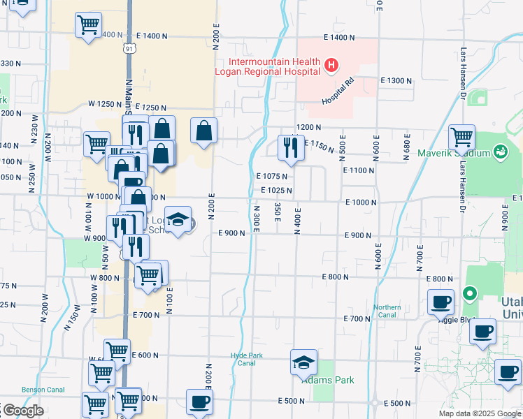 map of restaurants, bars, coffee shops, grocery stores, and more near 974 North 300 East in Logan