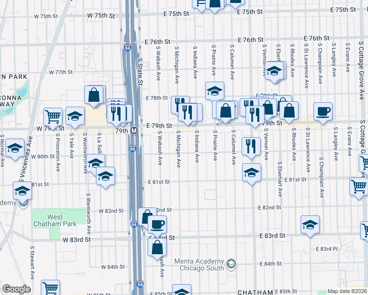 map of restaurants, bars, coffee shops, grocery stores, and more near 7953 South Michigan Avenue in Chicago