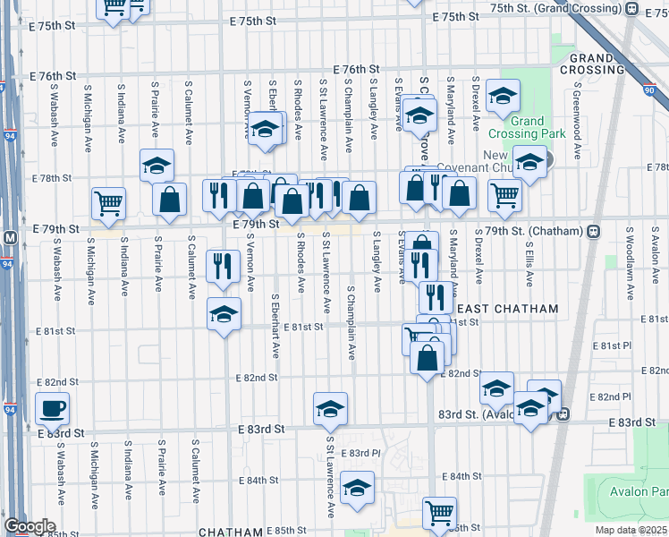 map of restaurants, bars, coffee shops, grocery stores, and more near 7963 South Saint Lawrence Avenue in Chicago