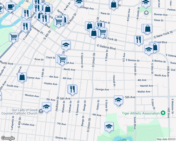 map of restaurants, bars, coffee shops, grocery stores, and more near 620 North Avenue in Aurora