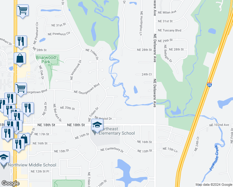 map of restaurants, bars, coffee shops, grocery stores, and more near 714 Northeast Castleton Court in Ankeny