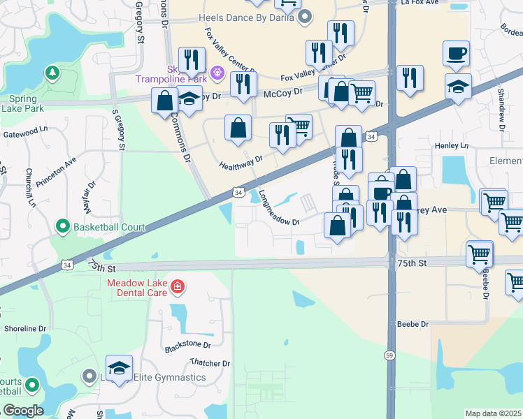map of restaurants, bars, coffee shops, grocery stores, and more near 4122 Longmeadow Drive in Aurora