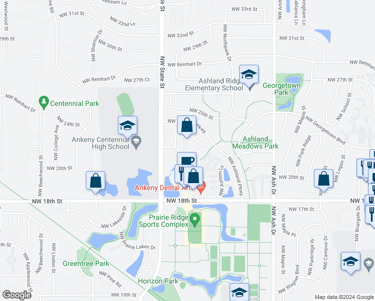 map of restaurants, bars, coffee shops, grocery stores, and more near 2211 Northwest Bayberry Lane in Ankeny