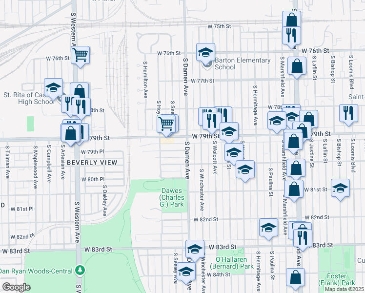 map of restaurants, bars, coffee shops, grocery stores, and more near 2008 W 79th Pl in Chicago