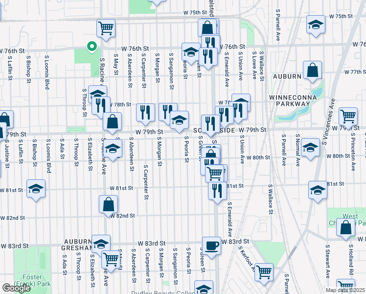 map of restaurants, bars, coffee shops, grocery stores, and more near 7932 South Peoria Street in Chicago
