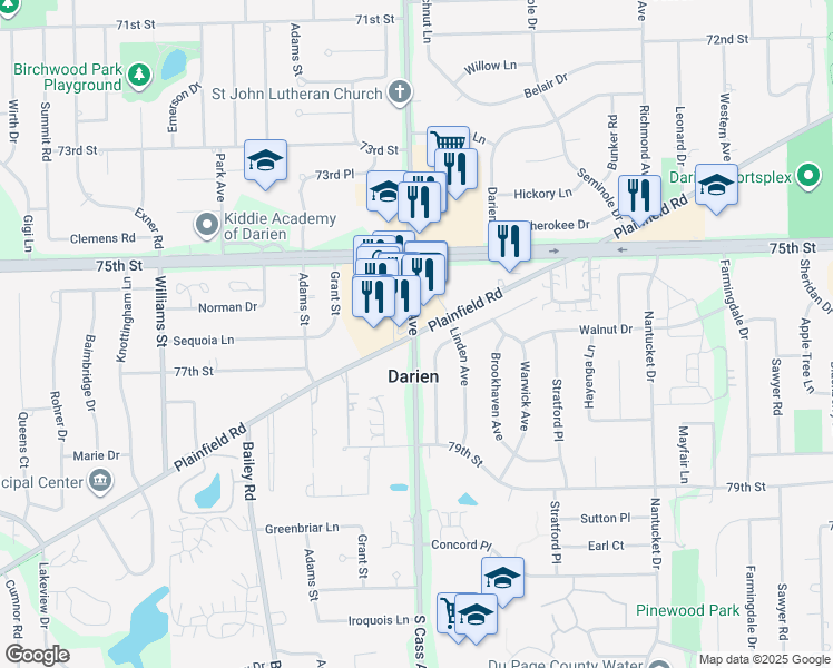 map of restaurants, bars, coffee shops, grocery stores, and more near S Cass Ave & Plainfield Rd in Darien