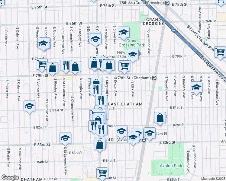 map of restaurants, bars, coffee shops, grocery stores, and more near 856 East 80th Street in Chicago