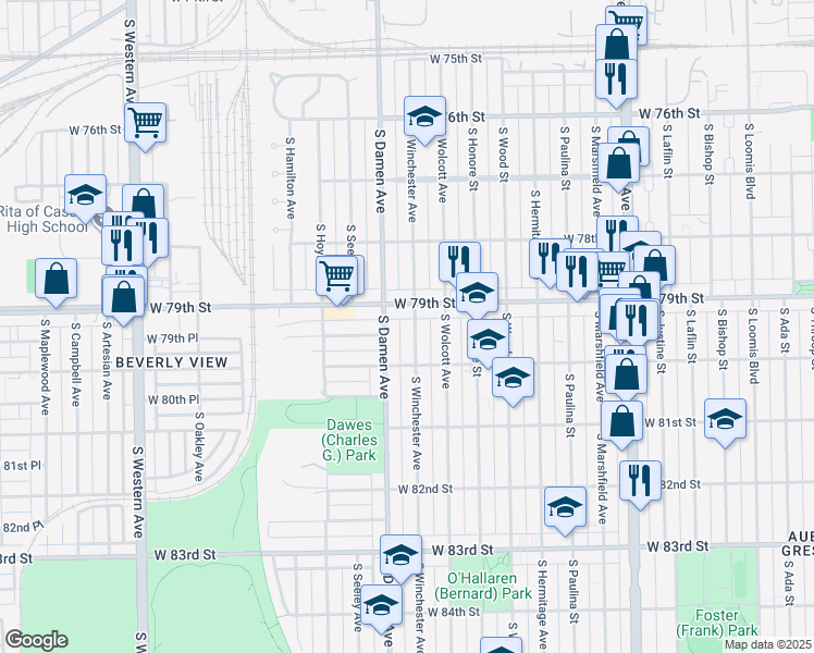 map of restaurants, bars, coffee shops, grocery stores, and more near 7920 South Winchester Avenue in Chicago