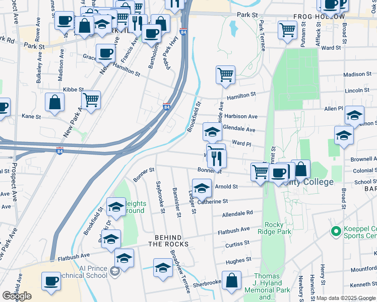 map of restaurants, bars, coffee shops, grocery stores, and more near 142 Wilson Street in Hartford