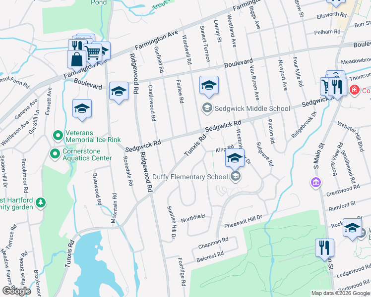 map of restaurants, bars, coffee shops, grocery stores, and more near 32 Tunxis Road in West Hartford
