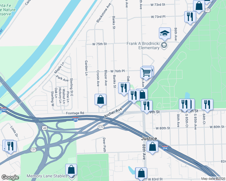 map of restaurants, bars, coffee shops, grocery stores, and more near 7760 Banks Street in Justice