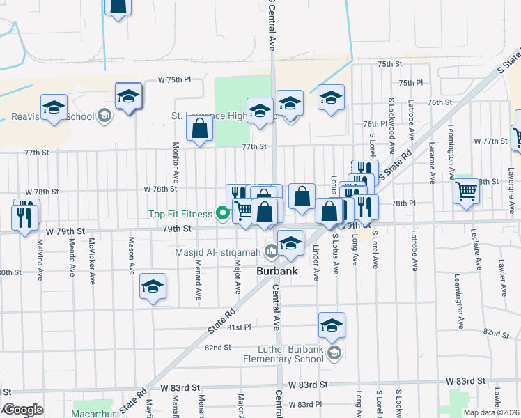 map of restaurants, bars, coffee shops, grocery stores, and more near 7843 Parkside Avenue in Burbank