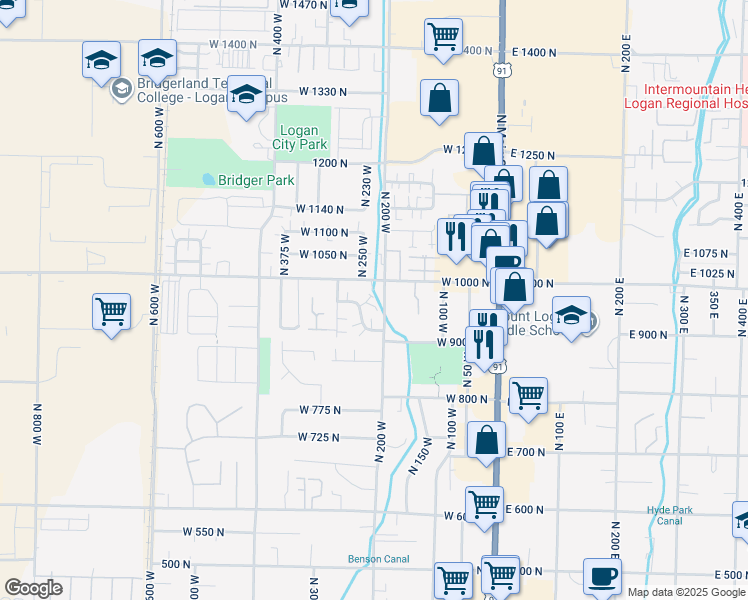 map of restaurants, bars, coffee shops, grocery stores, and more near 279 Bridger Dr in Logan