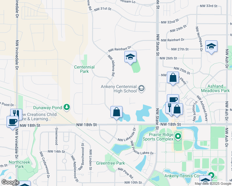 map of restaurants, bars, coffee shops, grocery stores, and more near 2201 Northwest Sharmin Drive in Ankeny