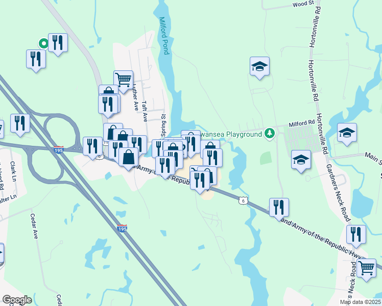 map of restaurants, bars, coffee shops, grocery stores, and more near 579 Grand Army of the Republic Highway in Swansea