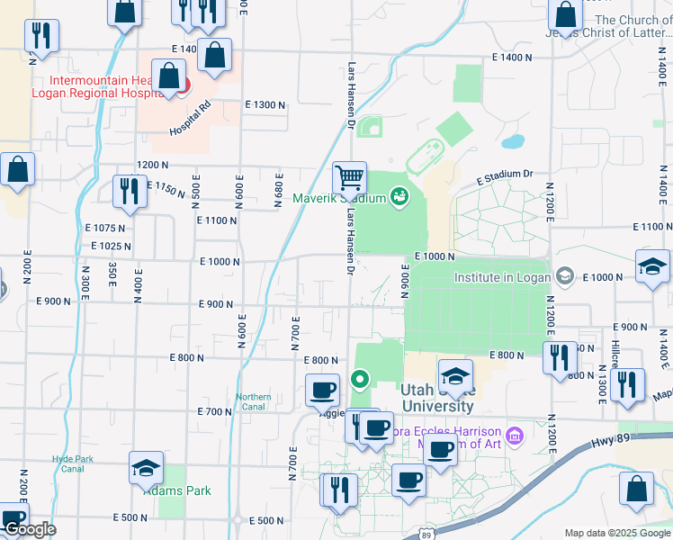 map of restaurants, bars, coffee shops, grocery stores, and more near 780 East 1000 North in Logan