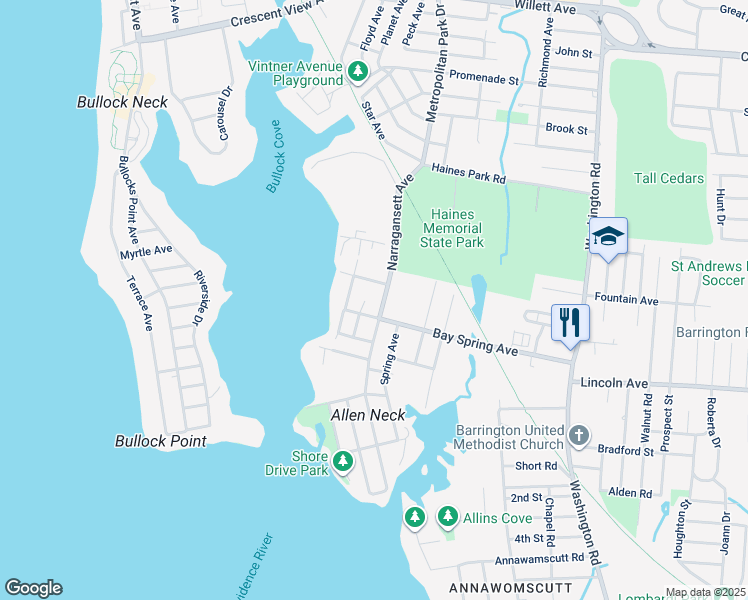 map of restaurants, bars, coffee shops, grocery stores, and more near 9 Leslie Avenue in Barrington