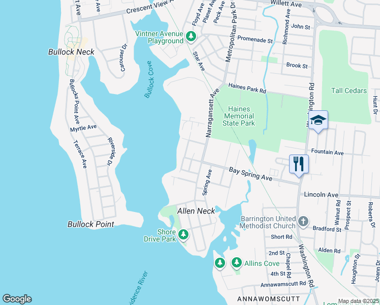map of restaurants, bars, coffee shops, grocery stores, and more near 9 Leslie Avenue in Barrington