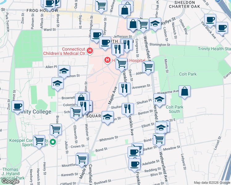 map of restaurants, bars, coffee shops, grocery stores, and more near 304 Maple Avenue in Hartford