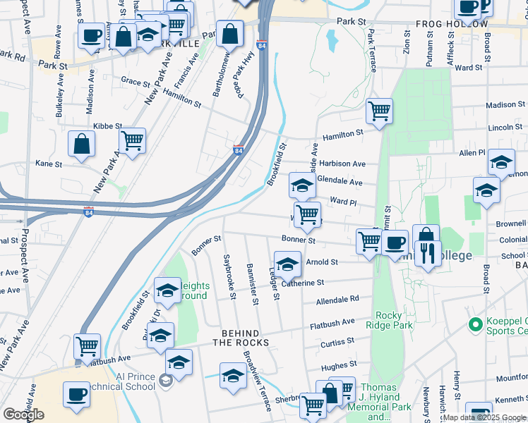 map of restaurants, bars, coffee shops, grocery stores, and more near 142 Wilson Street in Hartford
