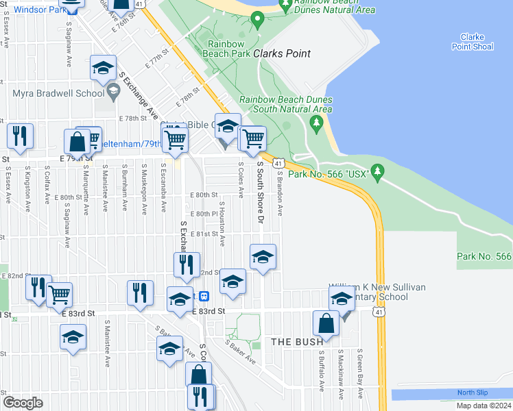 map of restaurants, bars, coffee shops, grocery stores, and more near 8023 South Coles Avenue in Chicago